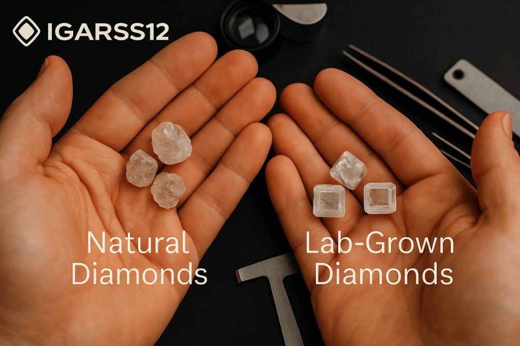Comparison of rough natural diamonds and lab-grown diamonds in a gemology setting Hand holding three rough natural diamonds and three rough lab-grown diamonds side by side on a gemologist's table.